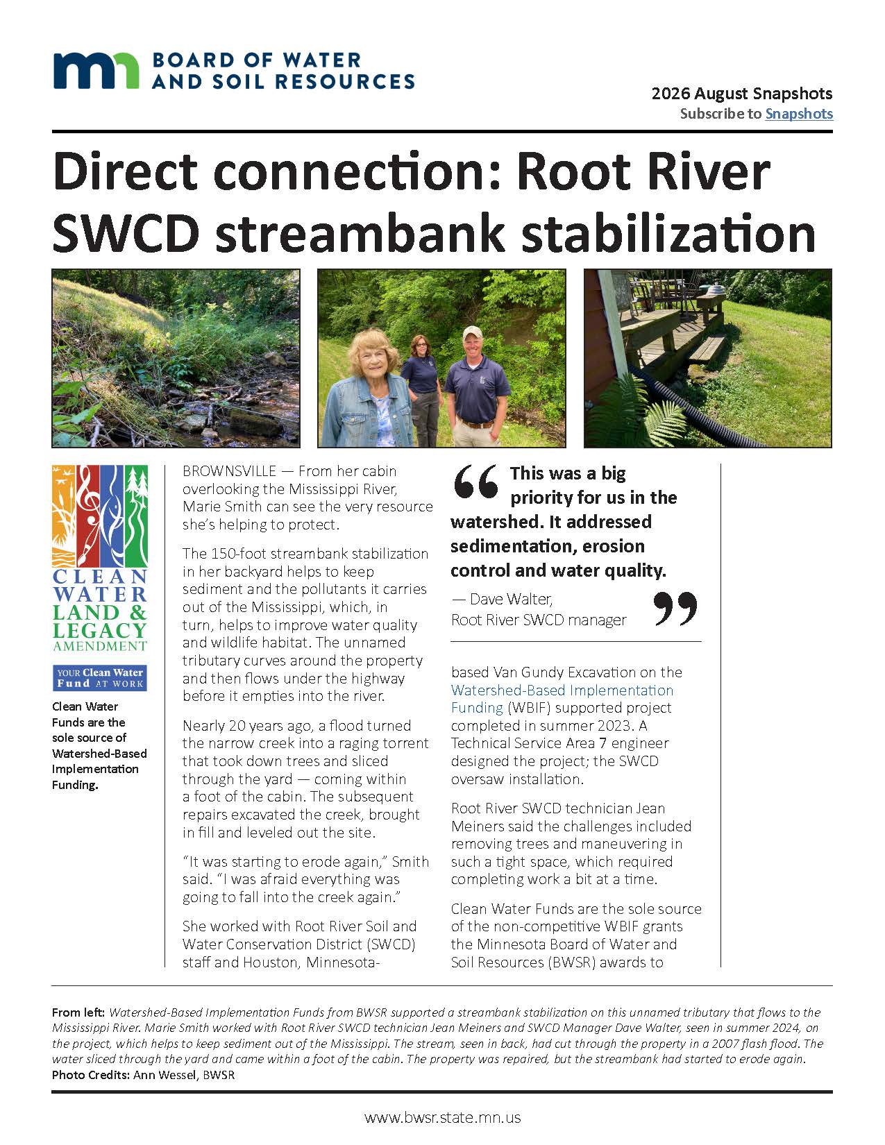 Page 1 of story labeled Direct Connection Root River SWCD streambank stabilization